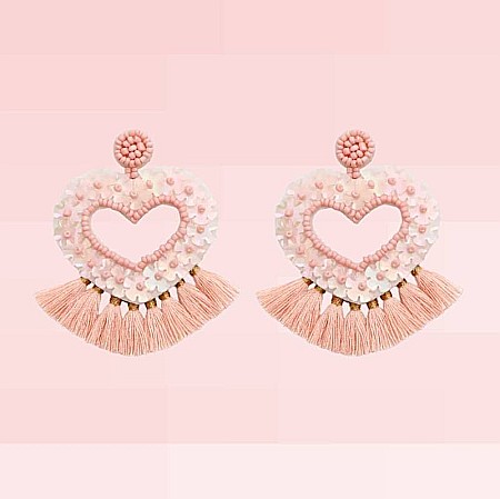 Roz - Cercei Jhumka din margele Miyuki, in forma de inima, stil indian, culoare roz