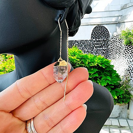 Alama placata cu aur - Cercei lungi drop cu cristal brut de Diamant Herkimer placati cu aur