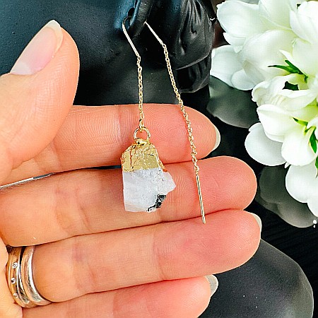 Cercei lungi drop cu cristal brut de Opal Alb Dendritic placati cu aur [1]