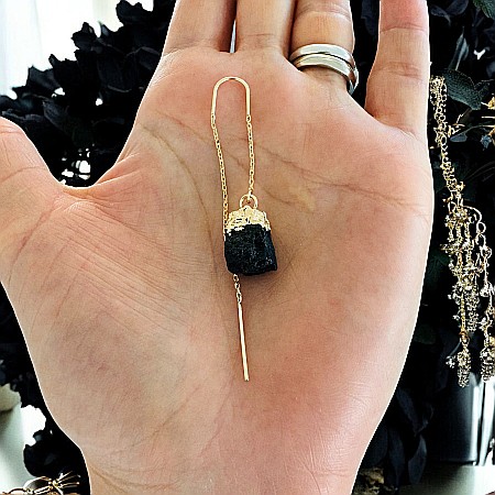 Cercei lungi drop eleganti Elara cu cristal brut de Turmalina neagra placati cu aur [5]