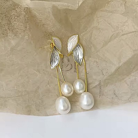 Cercei lungi tassel cu perle din argint 925 placat cu Aur si frunze [1]