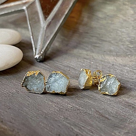 Cercei piatra naturala Acvamarin, cercei cu cristal brut, placati cu aur de 18K [6]
