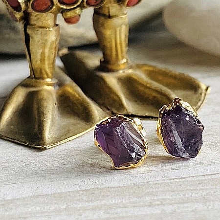 Cercei piatra naturala Ametist, cercei cu cristal brut, placati cu aur de 18K [5]