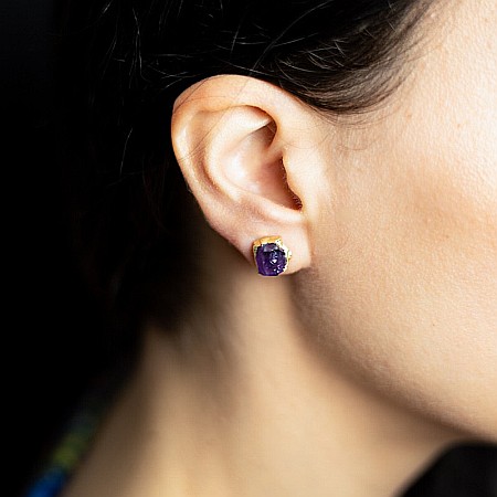 Cercei piatra naturala Ametist, cercei cu cristal brut, placati cu aur de 18K [1]