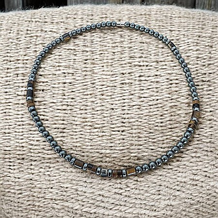 Colier barbati handmade Amos din Hematit si Ochi de Tigru, cu inchidere magnetica [6]