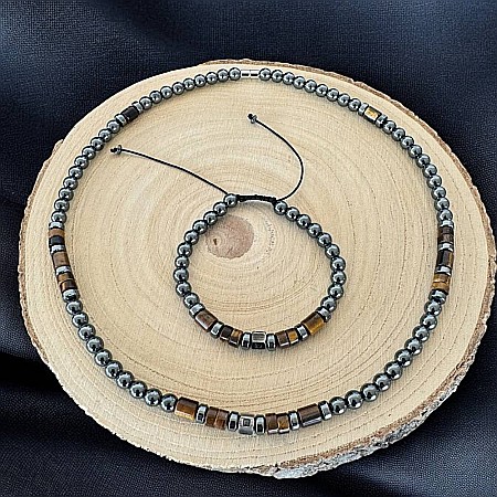 Colier barbati handmade Amos din Hematit si Ochi de Tigru, cu inchidere magnetica [7]