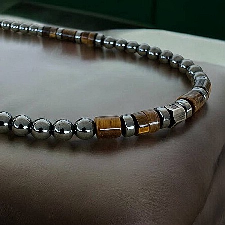 Colier barbati handmade Amos din Hematit si Ochi de Tigru, cu inchidere magnetica [1]