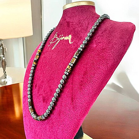 Bijuterii Hematit - Colier barbati handmade Amos din Hematit si Ochi de Tigru, cu inchidere magnetica