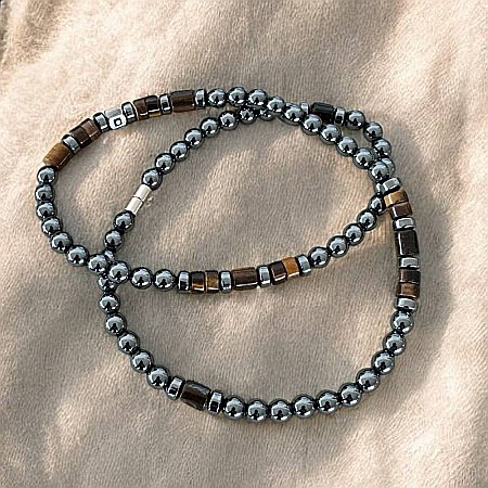 Colier barbati handmade Amos din Hematit si Ochi de Tigru, cu inchidere magnetica [4]