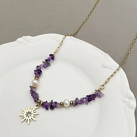 Colier boho cu cipsuri de Ametist si perle din otel inoxidabil placat cu aur de 14K [3]