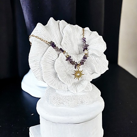 Colier boho cu cipsuri de Ametist si perle din otel inoxidabil placat cu aur de 14K [4]