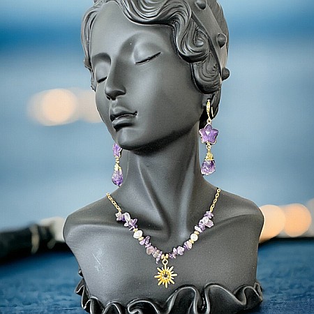 Colier boho cu cipsuri de Ametist si perle din otel inoxidabil placat cu aur de 14K [7]