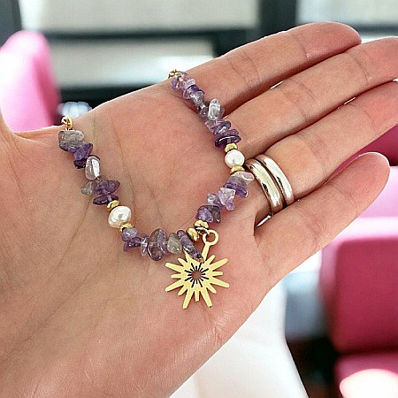 Colier boho cu cipsuri de Ametist si perle din otel inoxidabil placat cu aur de 14K [1]