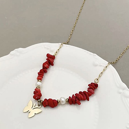 Colier boho cu cipsuri de Coral Rosu si Perle naturale din otel inoxidabil placat cu aur de 14K [1]