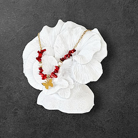 Colier boho cu cipsuri de Coral Rosu si Perle naturale din otel inoxidabil placat cu aur de 14K [4]