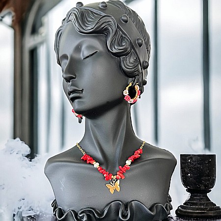 Lanturi / Coliere - Colier boho cu cipsuri de Coral Rosu si Perle naturale din otel inoxidabil placat cu aur de 14K