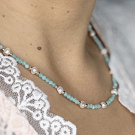 Lanturi / Coliere - Colier Boho din pietre de Amazonit si Perle naturale, Bono, din cupru placat cu aur