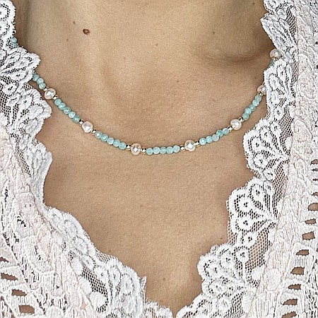 Colier Boho din pietre de Amazonit si Perle naturale, Bono, din cupru placat cu aur [1]