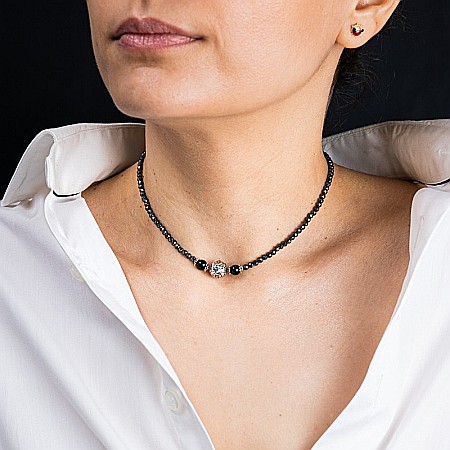 Bijuterii Hematit - Colier Choker Asha din pietre naturale de Hematit Magnetic cu Titan, inchidere si accesorii din argint