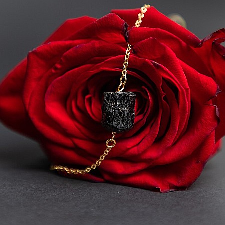 Colier lant cu piatra de turmalina neagra bruta, Aron, placat cu aur de 18K [8]