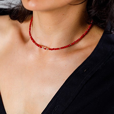 Lanturi / Coliere - Colier Choker Antara din Coral Rosu cu accesorii din argint 925 rose gold