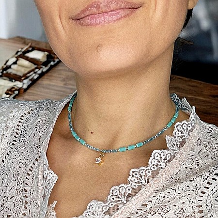 Colier choker din cristale de apatit Colin, cu charm stea din zircon, cupru placat cu aur [5]