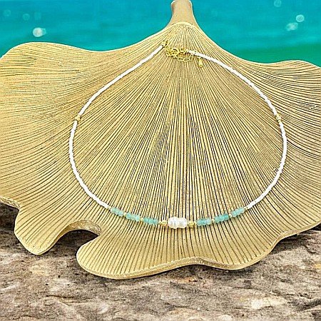 Lanturi / Coliere - Colier choker elegant Isra din argint placat cu aur, cristale de Amazonit, Perla si Miyuki