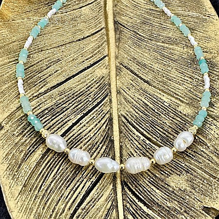 Colier choker elegant Alisa din argint si cristale de amazonit cu perle naturale si Miyuki [2]