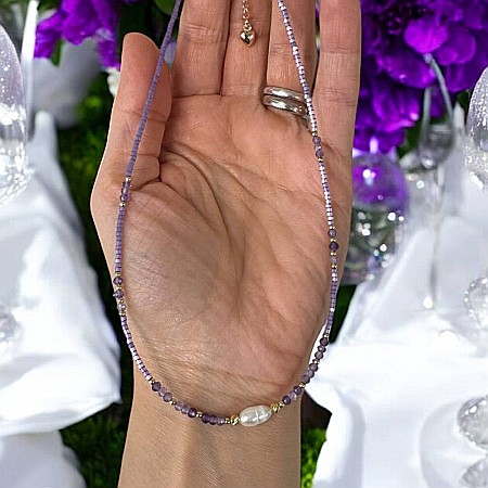 Colier choker Elina din margele Miyuki mov cu cristale de Ametist si argint placat cu aur 925 [1]