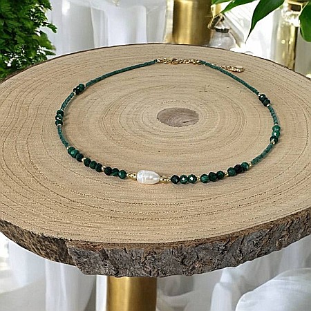 Colier choker Elina din margele Miyuki verde cu Malachit natural si argint placat cu aur 925 [2]