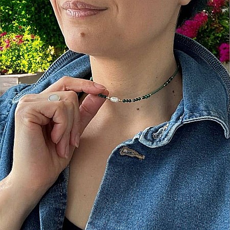 Colier choker Elina din margele Miyuki verde cu Malachit natural si argint placat cu aur 925 [4]