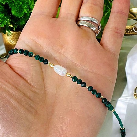 Colier choker Elina din margele Miyuki verde cu Malachit natural si argint placat cu aur 925 [7]