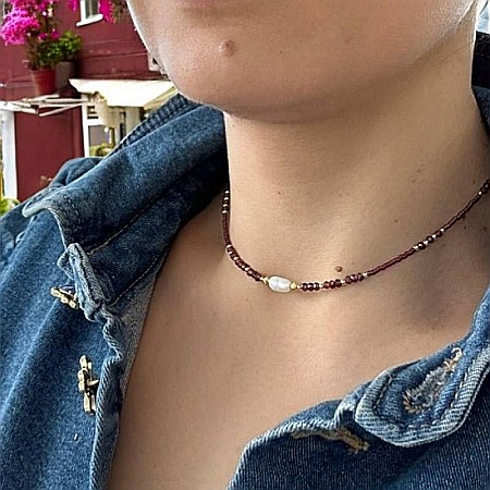 Colier Choker Elina handmade din margele miyuki rosii cu Granat si argint placat cu aur 925 [5]