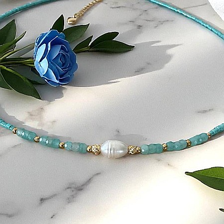 Colier choker handmade Elina din miyuki albastru cu Acvamarin si argint placat cu aur 925 [8]