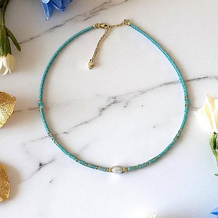 Colier choker handmade Elina din miyuki albastru cu Acvamarin si argint placat cu aur 925 [4]