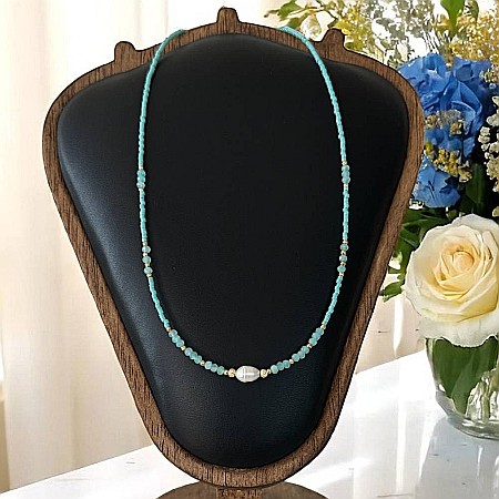 Lanturi / Coliere - Colier choker handmade Elina din miyuki albastru cu Acvamarin si argint placat cu aur 925