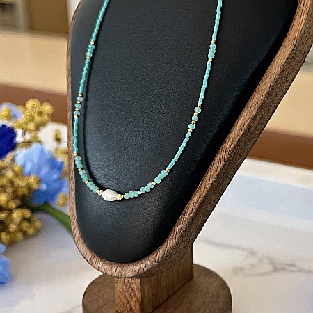 Colier choker handmade Elina din miyuki albastru cu Acvamarin si argint placat cu aur 925 [2]