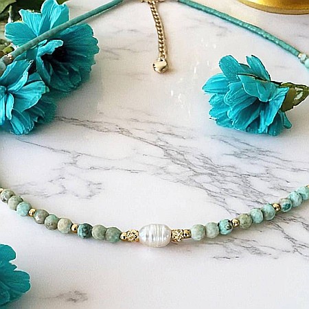 Colier choker handmade Elina din miyuki cu Turcoaz Peruvian si argint placat cu aur 925 [6]