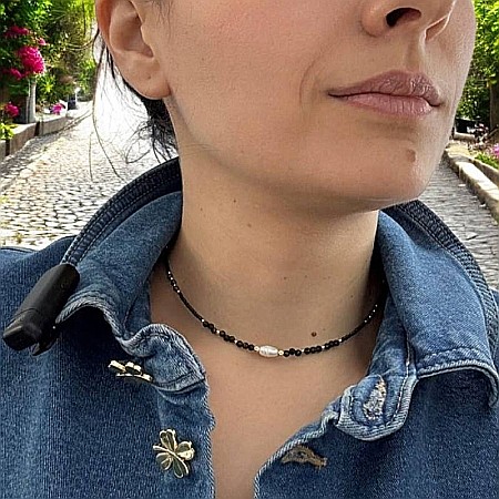 Lanturi / Coliere - Colier choker handmade Elina din miyuki negru cu Obsidian si argint placat cu aur 925