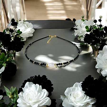 Colier choker handmade Elina din miyuki negru cu Obsidian si argint placat cu aur 925 [8]
