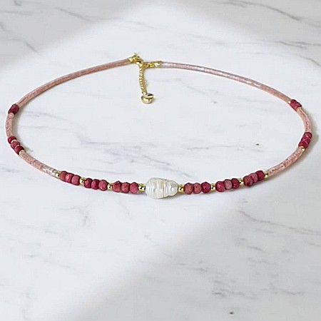 Colier choker handmade Elina din miyuki somon cu Rodocrozit si argint placat cu aur 925 [7]