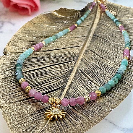 Colier choker handmade Solandra din cristale naturale de Smarald si Turmalina Roz cu charm Soare 925 [4]