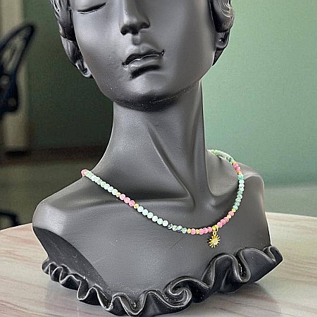 Colier choker handmade Solandra din cristale naturale de Smarald si Turmalina Roz cu charm Soare 925 [3]