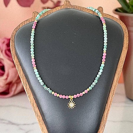 Colier choker handmade Solandra din cristale naturale de Smarald si Turmalina Roz cu charm Soare 925 [8]