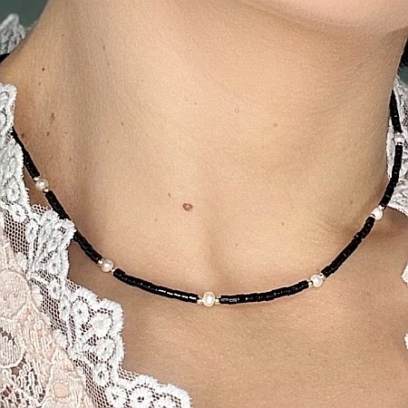 Colier Choker Lenny din cristale de Agat Negru si Perle Naturale, placat cu aur [3]