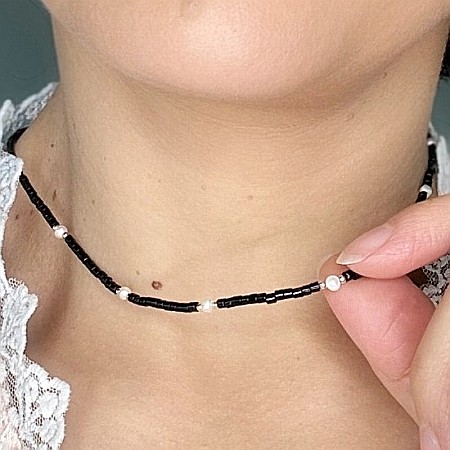 Colier Choker Lenny din cristale de Agat Negru si Perle Naturale, placat cu aur [6]