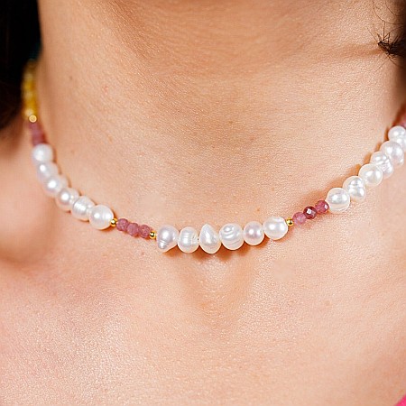 Colier Choker perle naturale Taya cu cristale de Turmalina roz, Topaz, Amazonit si Ametist din Argint 925 placat cu aur [5]