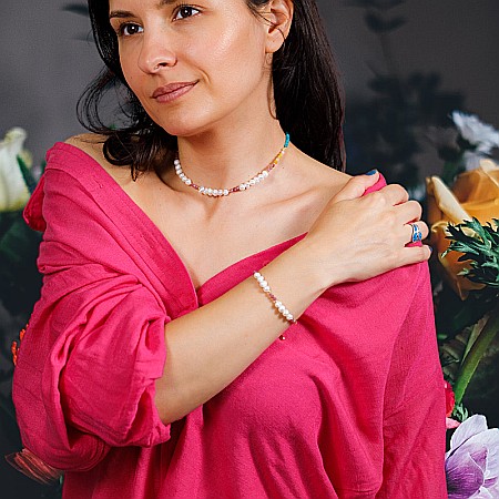 Colier Choker perle naturale Taya cu cristale de Turmalina roz, Topaz, Amazonit si Ametist din Argint 925 placat cu aur [4]