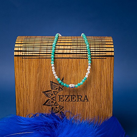 Colier choker Anadi din pietre semipretioase de Amazonit si Piatra Lunii, inchidere si accesorii din argint 925