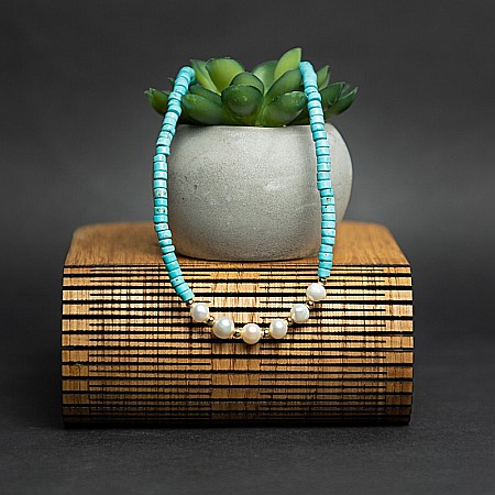 Colier choker turcoaz din piatra naturala Shoushan, Aisoon, cu perle de apa dulce placat cu aur de 18K [8]